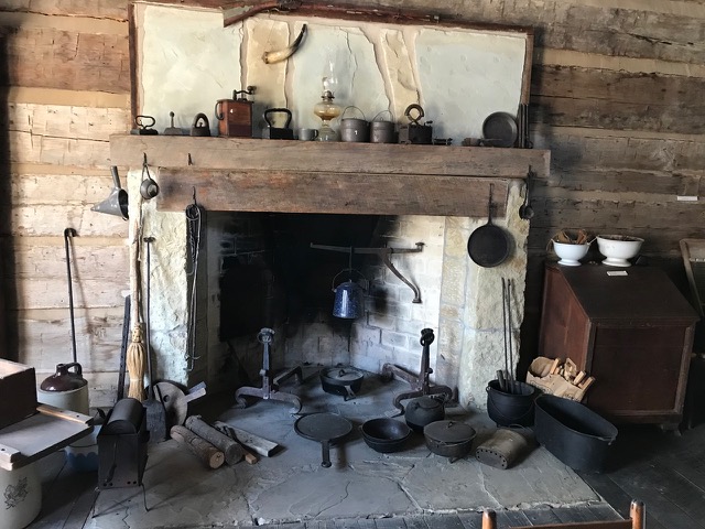 The hearth in the old cabin at the Pioneer Village.
